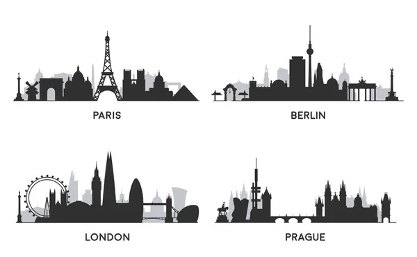 Les villes européennes. Skylines noir et blanc — Image vectorielle