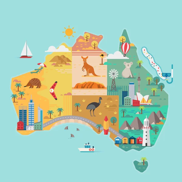 Χάρτης της Αυστραλίας. Πολύχρωμα ορόσημα. — Διανυσματικό Αρχείο