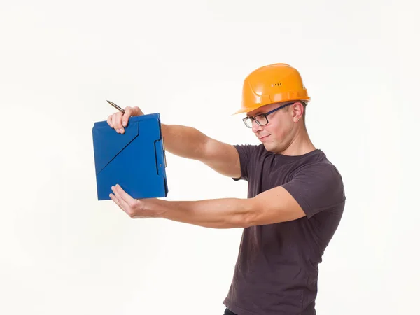 Young Man Worker Helmet Folder — Stock Photo, Image