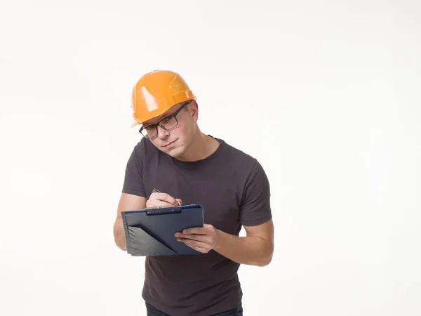 Young Man Worker Helmet Folder — Stock Photo, Image