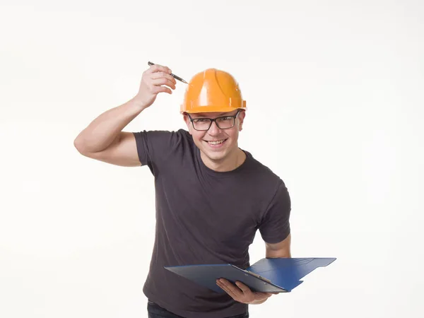 Young Man Worker Helmet Folder — Stock Photo, Image