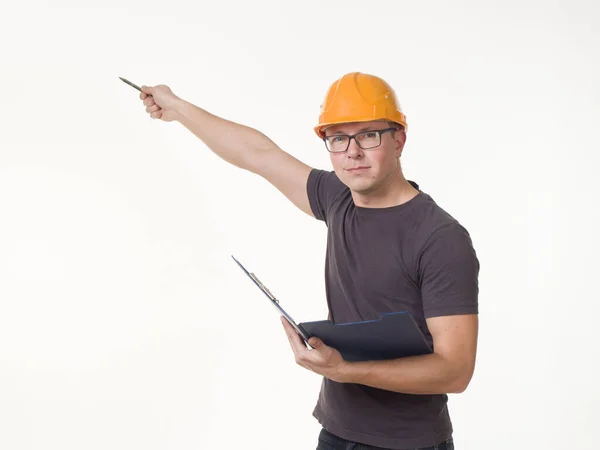 Young Man Worker Helmet Folder — Stock Photo, Image