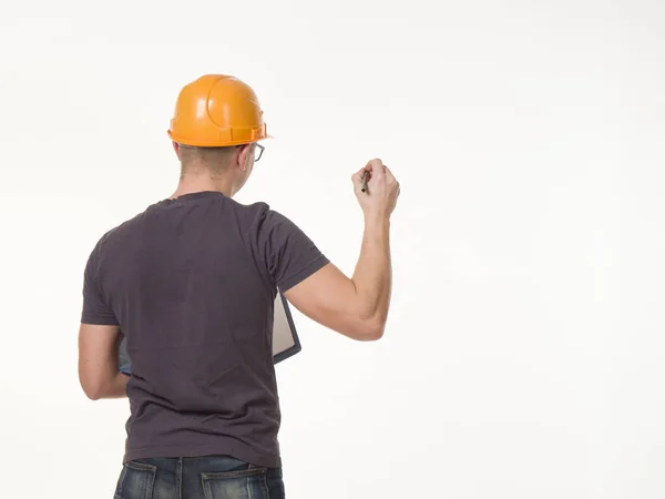 Young Man Worker Helmet Folder — Stock Photo, Image