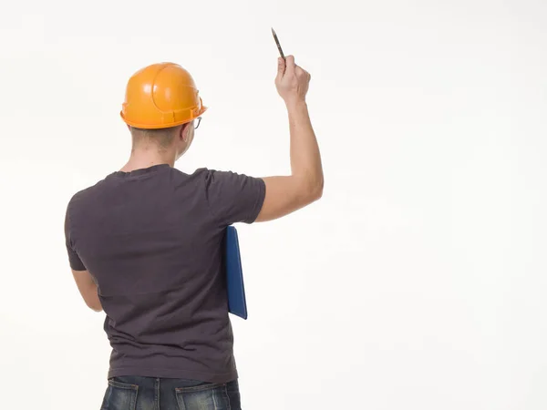 Young Man Worker Helmet Folder — Stock Photo, Image