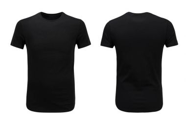 Front and back views of black t-shirt on white background clipart