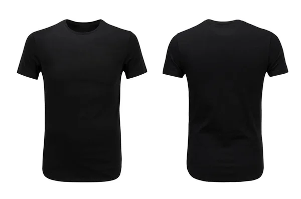 Передній і задній погляд на чорну футболку на білому тлі — стокове фото