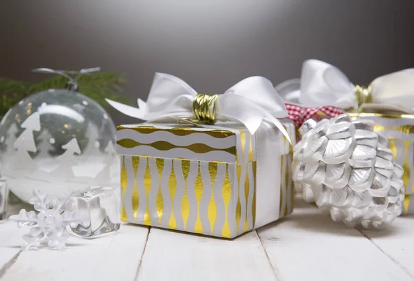 stock image Christmas card - white and glass balls and Christmas toys. Close-up, beautiful picture.