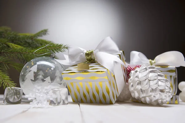 Christmas card - white and glass balls and Christmas toys. Close-up, beautiful picture. — Stock Photo, Image