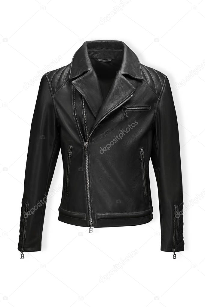 Classic black leather bikers' jacket with lining shot from the front and the back isolated on white. Motorcycle style