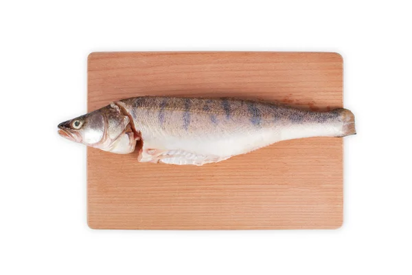 Fresh pike on a wooden chopping board. — Stock Photo, Image