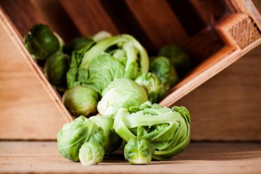 Ahşap tahta üzerinde olgunlaşmış taze Brüksel lahanası. 