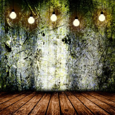 3D çizim. Ampul boş beton oda iç asılı 