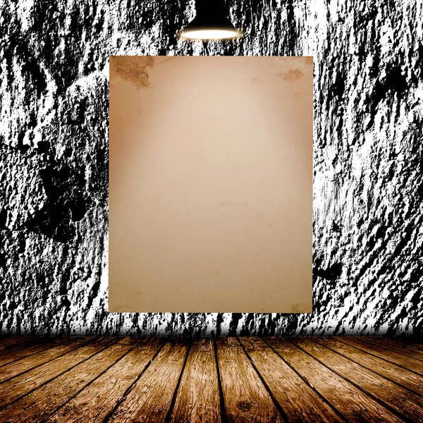 Blank white poster in dark concrete room. — Stock Photo, Image