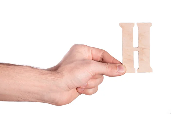 Hand holding wood sign on white — Stock Photo, Image