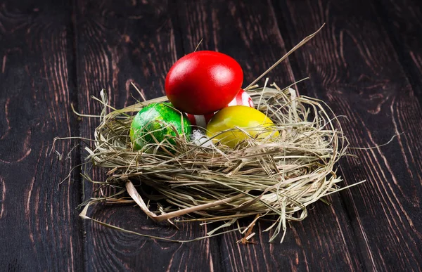 Easter eggs on wood desk