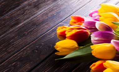 Ahşap masa üzerinde renkli taze Lale 