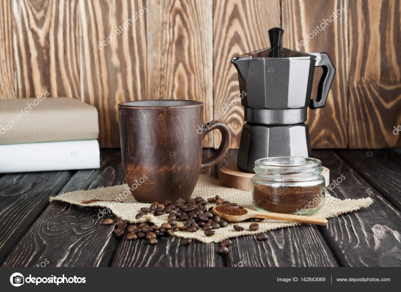 Coffee maker on wood desk Stock Photo by ©Arybickii 142843069