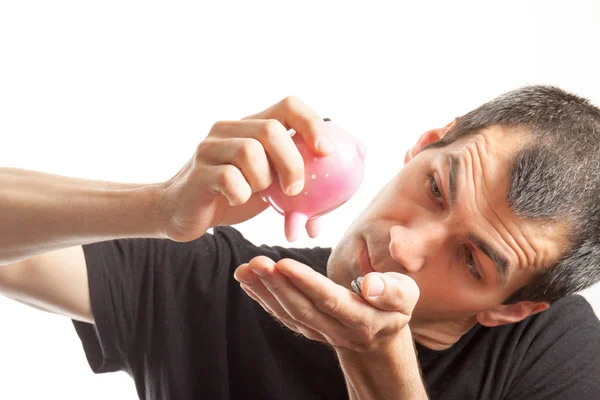 Hombre con caja de dinero cerdo con monedas — Foto de Stock