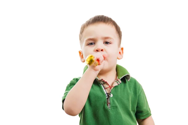 Niño en un cono festivo y la nariz de un payaso — Foto de Stock