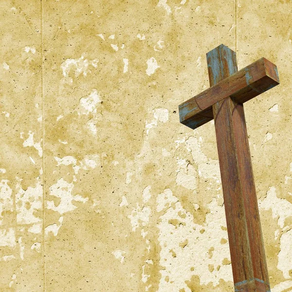 Old wood cross on wall background. Christian concept