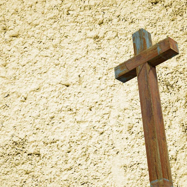 Stary Drewniany Krzyż Tle Ściany Chrześcijańska Koncepcja — Zdjęcie stockowe