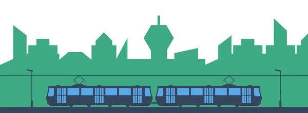 Tráfico en la ciudad, tranvía y ciudad en el fondo, ilustración vectorial — Vector de stock