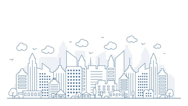 İnce çizgili şehir panoraması. Kentsel peyzaj caddelerinin çizimi, arabalı, gökdelenli şehir ofis binaları, açık arkaplan. Şehir manzarasını özetle. Vektör illüstrasyonu
