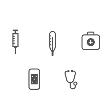 Beyaz zemin üzerinde düz şekilli medikal simgeler. Vektör simgesi