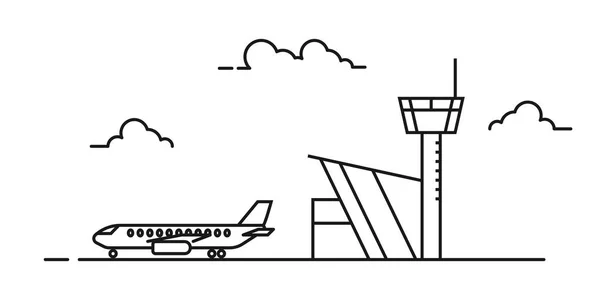 Aeroporto Avião Ilustração Vetorial Preto Branco Lineart Com Terminal Aéreo —  Vetores de Stock