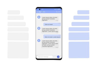 Sosyal ağ sohbetleri ve konuşma baloncukları olan akıllı telefon. Vektör illüstrasyonu.