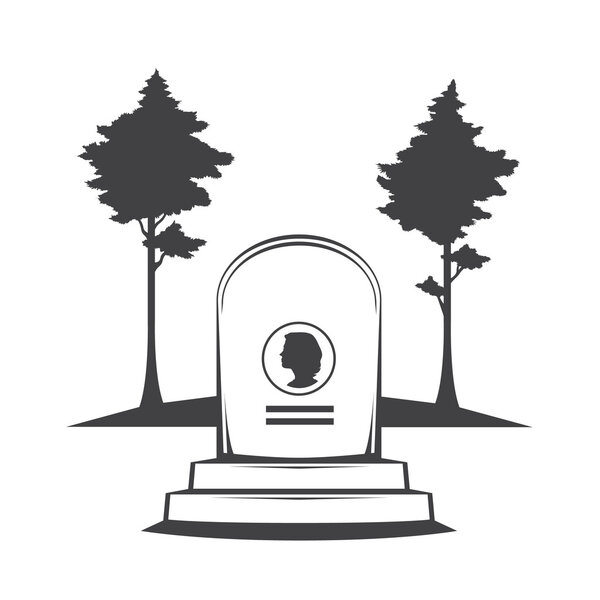 Vector isolated image of contour the grave gravestone monument depicting the profile of woman. Headstone for print and web design funeral services. Burial and funeral . Pines