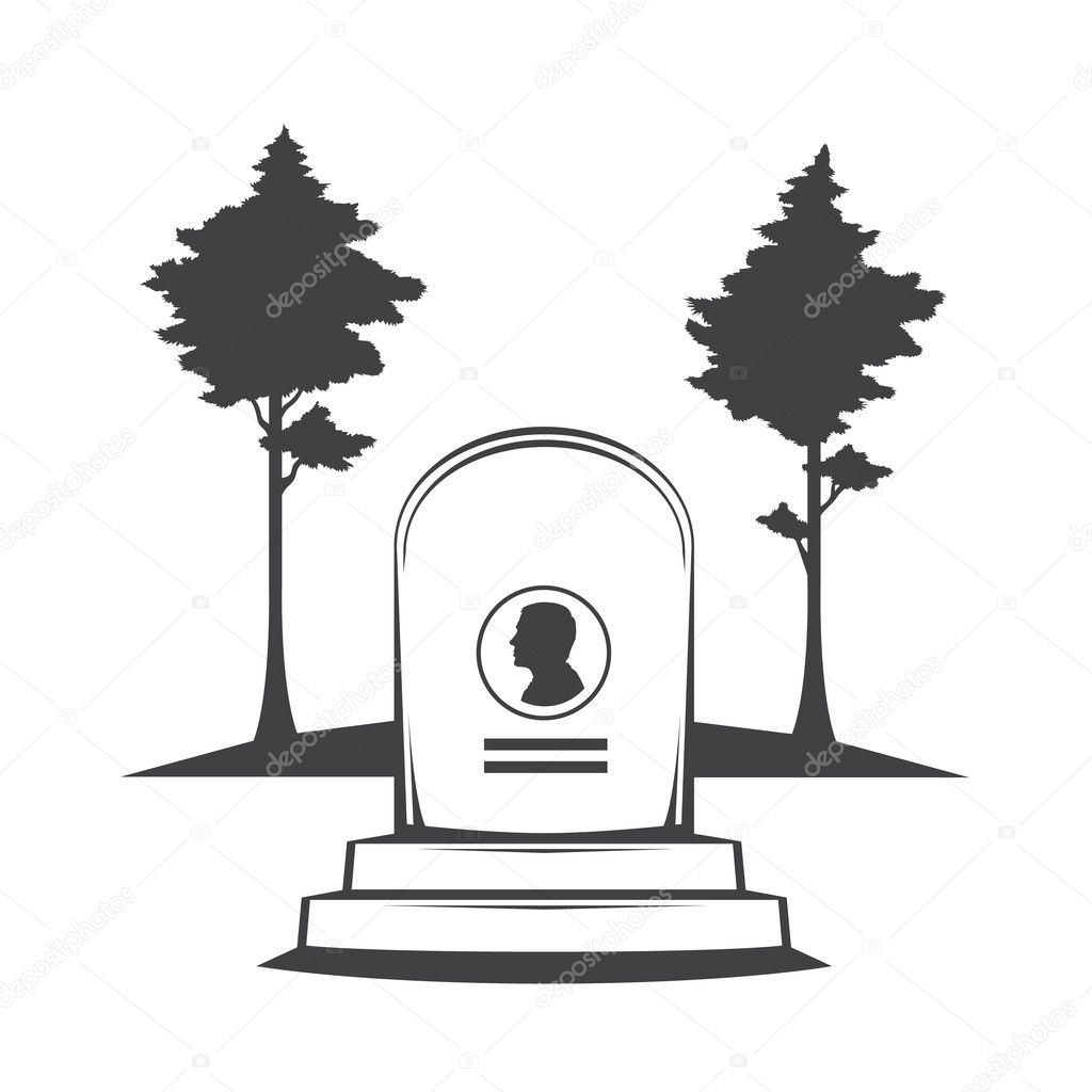 Vector isolated image of contour the grave gravestone monument depicting male profile. Headstone for print and web design funeral services. Burial and funeral . Pines