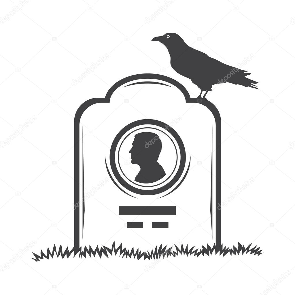 Vector isolated image of contour the grave gravestone monument depicting male profile. Headstone for print and web design funeral services. Burial and funeral . Crow, the raven