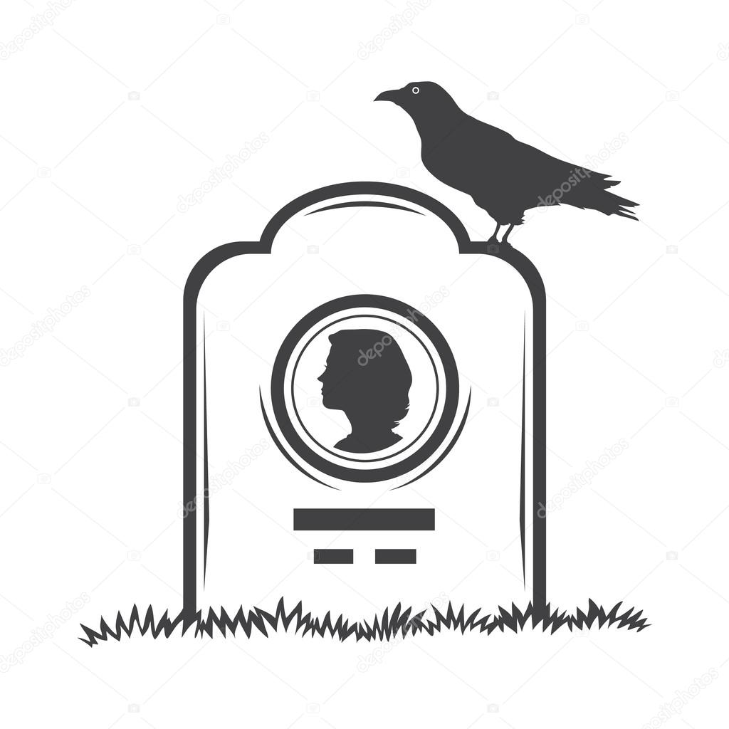 Vector isolated image of contour the grave gravestone monument depicting the profile of woman. Headstone for print and web design funeral services. Burial and funeral . Crow, the raven