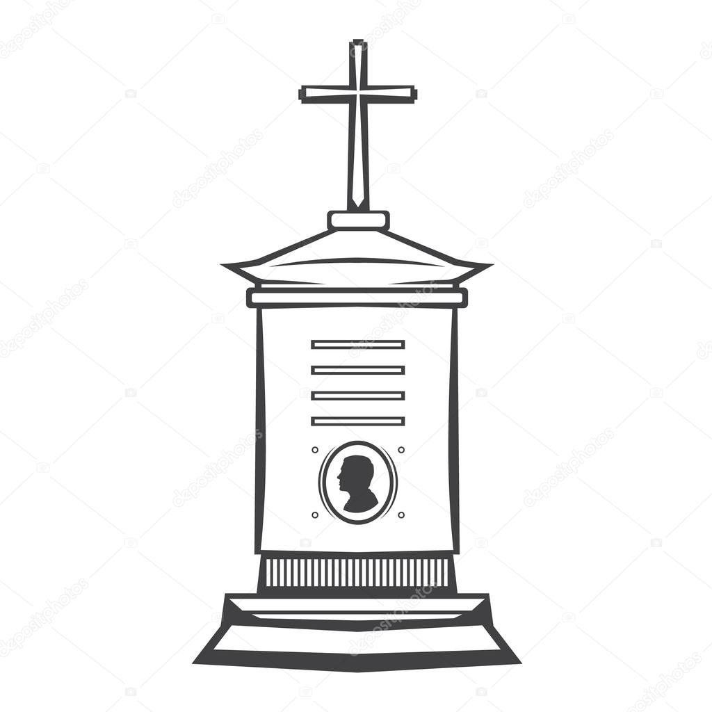 Vector isolated image of contour the grave gravestone monument depicting male profile. Headstone for print and web design funeral services. Burial and funeral