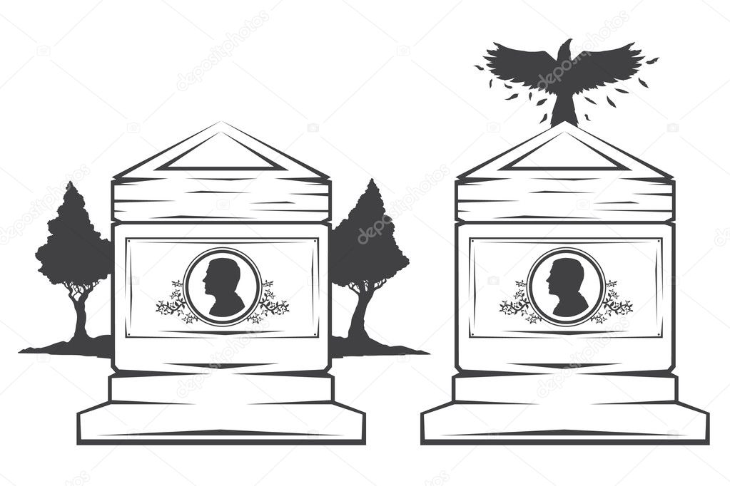 Vector isolated image of contour the grave gravestone monument depicting male profile. Headstone for print and web design funeral services. Burial and funeral . Crow, the raven.Pines tree