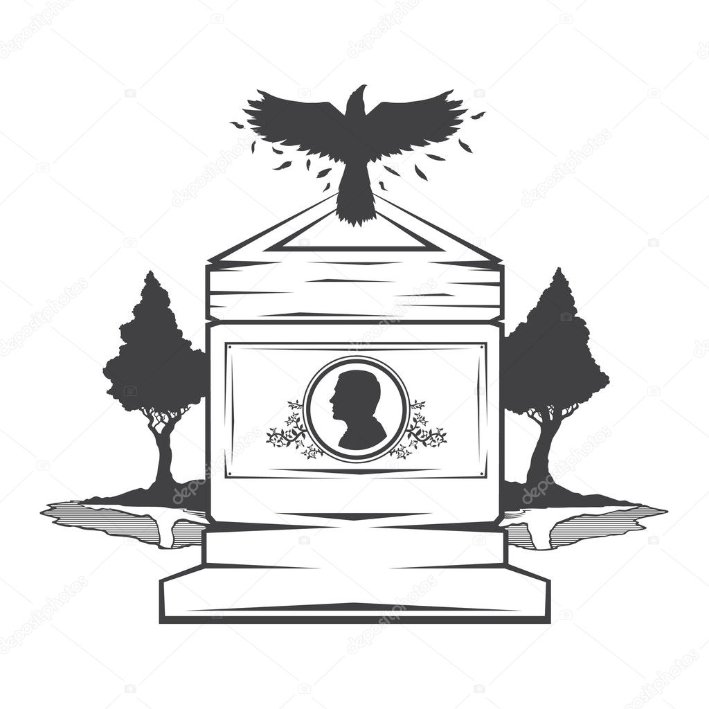 Vector isolated image of contour the grave gravestone monument depicting male profile. Headstone for print and web design funeral services. Burial and funeral . Crow, the raven.Pines tree.Lake or pond