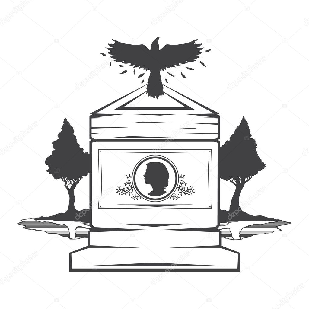 Vector isolated image of contour the grave gravestone monument depicting the profile of woman. Headstone for print and web design funeral services. Burial and funeral . Crow, the raven.Pines tree.Lake or pond