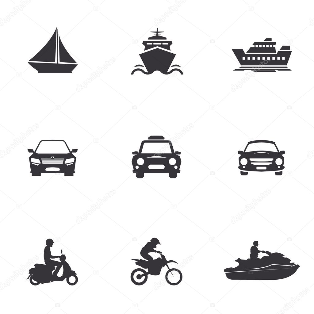 Character set of logos of transportation, merchant ships, car, scooter, jet ski, water bike, motorcycle, motocross bikes, cross,sailboat, yacht
