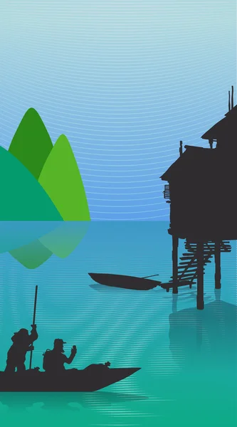 Vector color landscape mountains sea fishing boats and houses on stilts. Character tourist sailing in a boat in the lake sea ocean. Boat Mountain Sea .Vetnam Thailand China. — Stock Illustration Vector Color Landscape Mountains Sea Fishing Boats Houses Stilts Character Royalty Free Stock Illustrations