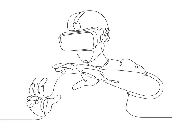 Desenho de linha contínua Homem em óculos dispositivo realidade virtual — Vetor de Stock