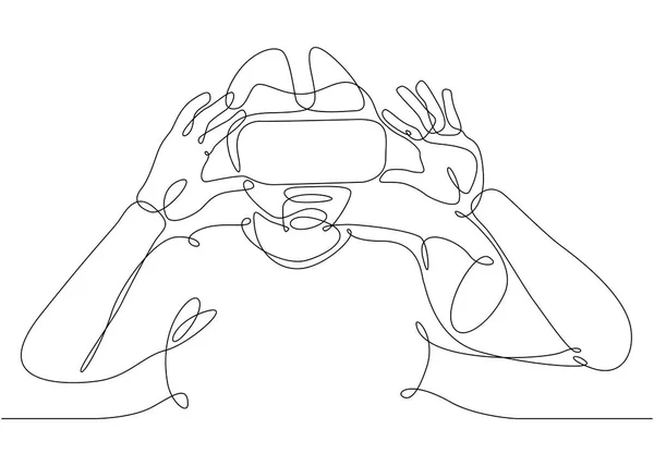 Linea continua disegno Uomo in occhiali dispositivo realtà virtuale — Vettoriale Stock