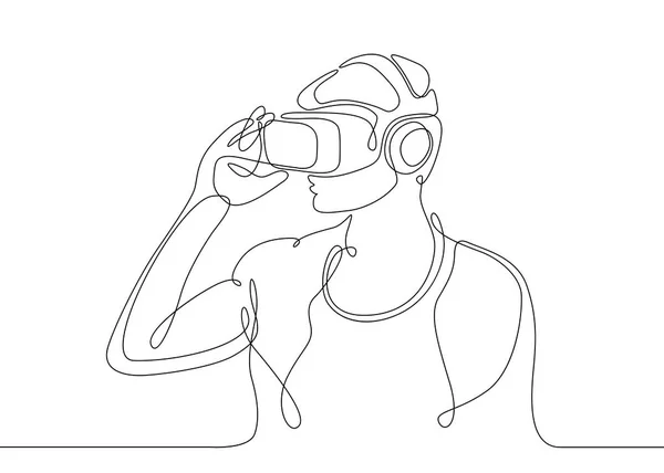 Dibujo de línea continua Hombre en gafas dispositivo realidad virtual — Vector de stock