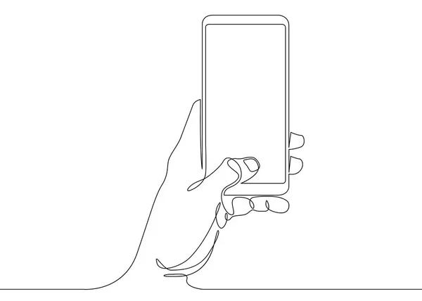 Continuous line drawing In his hand phone smartphone — Stock Vector