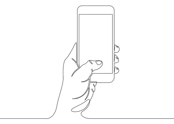 Continuous line drawing In his hand phone smartphone — Stock Vector