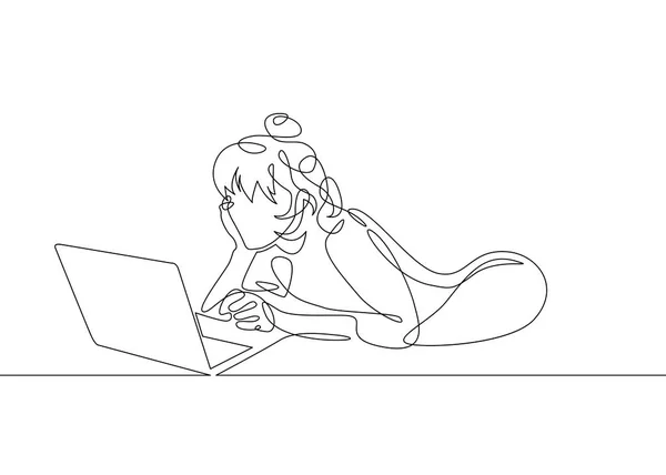 Continu lijntekening meisje zit op een laptop — Stockvector
