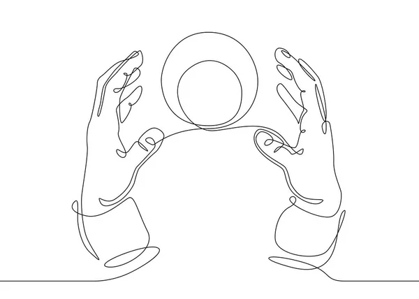 Dessin en ligne continue Mains avec une boule magique en cristal — Image vectorielle