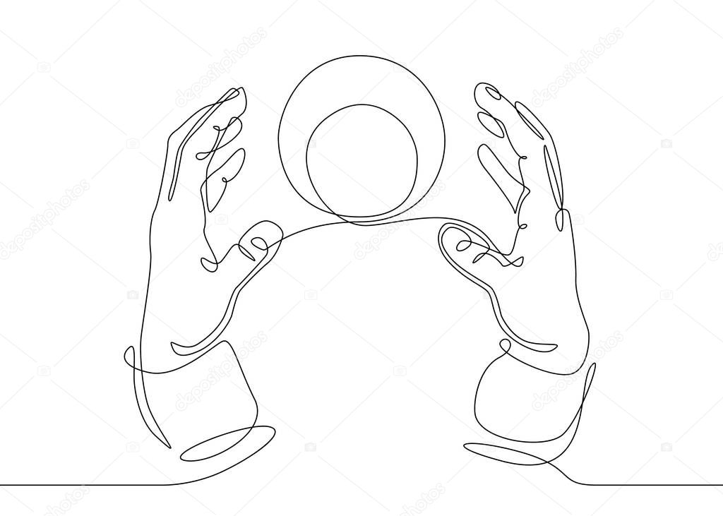 continuous line drawing Hands with a crystal magic ball