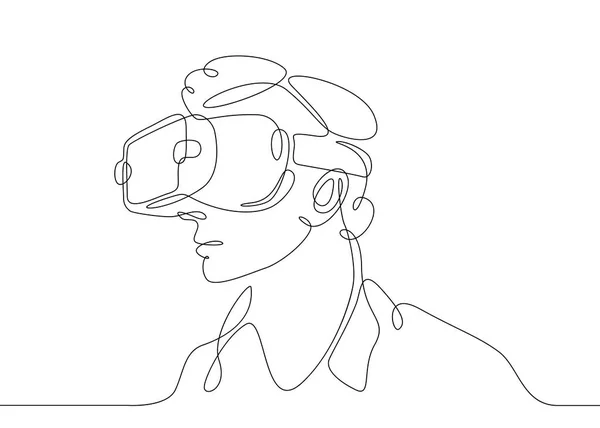 Garis kontinu menggambar Man dalam kacamata perangkat virtual reality - Stok Vektor