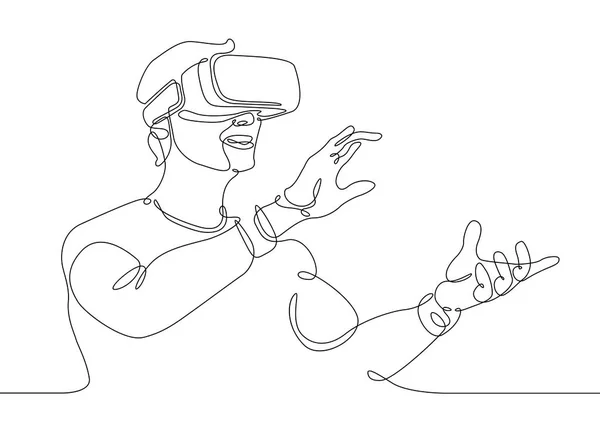 Dessin en ligne continue Homme dans les lunettes dispositif réalité virtuelle — Image vectorielle